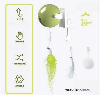 Automatic lifting cat toy with a yellow ball and white clamp, featuring interchangeable feather and pom-pom attachments. - Image 5
