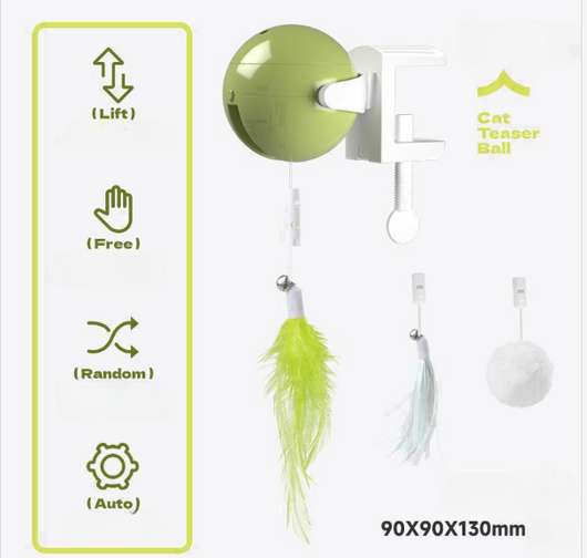 Automatic lifting cat toy with a yellow ball and white clamp, featuring interchangeable feather and pom-pom attachments. - Image 5