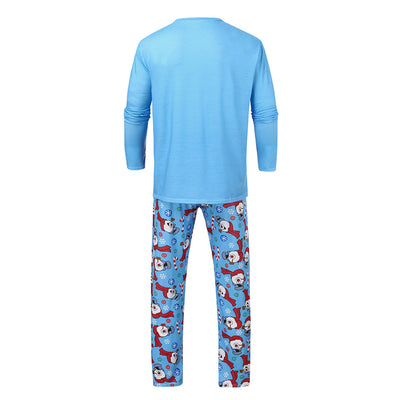 Christmas parent-child long sleeve pajamas with a snowman graphic on grey and blue tops, and patterned pants. - Image 6