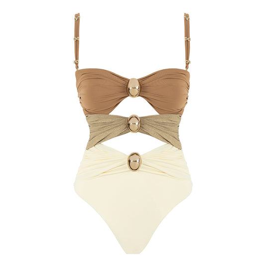 Pink, black, and dark gray color-block one-piece swimsuit with gold round buckles and a sheer black maxi skirt. - Image 13