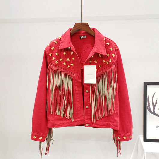 Abrigo para Mujer con Remaches de Estrella Europea y Borla Decorativa