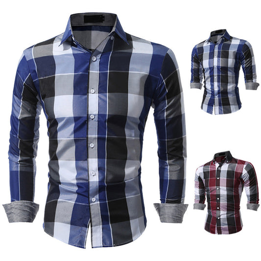Camisa de Cuadros Clásica con Cuello Puntiagudo - Manga Larga Primavera Otoño