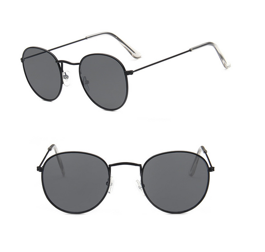Two pairs of round gold-frame sunglasses, one with mirrored orange lenses and one with solid red lenses. - Image 2