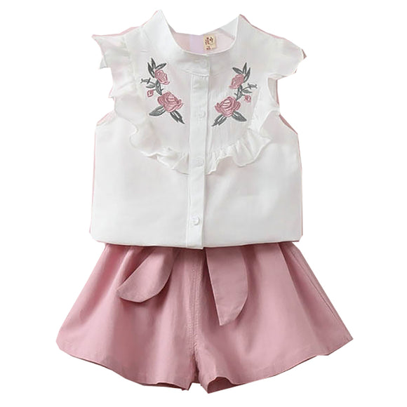 Conjunto de Chaqueta Bordada Floral y Short con Moño