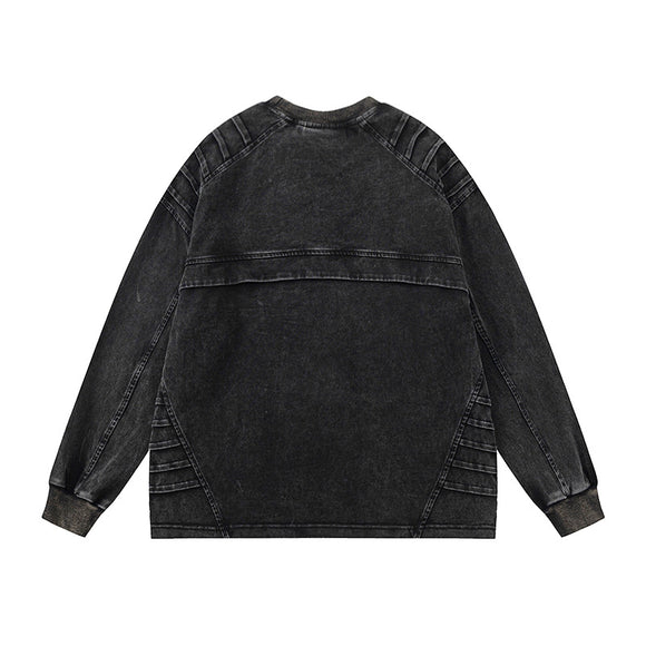 Camiseta de Manga Larga Desteñida con Pliegues - Estilo Vintage Gastado
