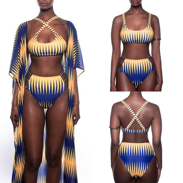 Women's blue and yellow geometric print bikini with high-waisted bottoms and a matching sheer kimono cover-up. - Image 4