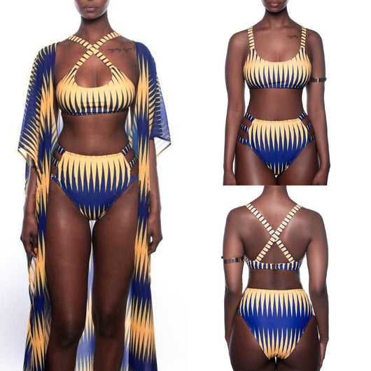Women's blue and yellow geometric print bikini with high-waisted bottoms and a matching sheer kimono cover-up. - Image 4
