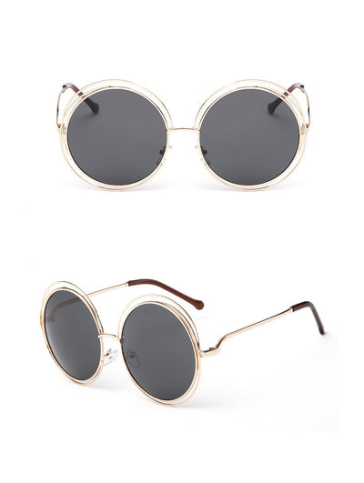 Round metal cutout sunglasses with silver mirrored lenses and a double-rimmed frame, shown from front and angled views. - Image 8
