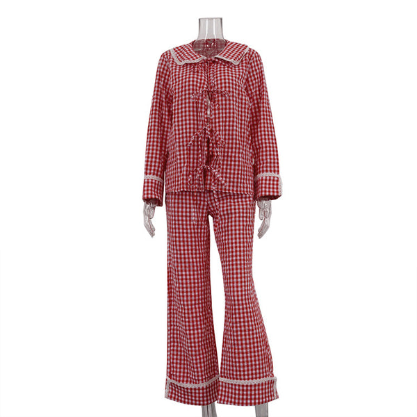 Conjunto Dos Piezas: Blusa Cuadros Suelta con Cordones y Pantalón Ancho - Image 6