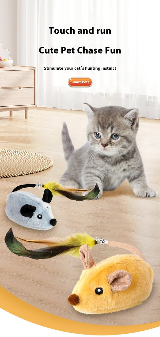 Gray plush electric mouse cat toy with black ears and eyes, featuring a yellow and green feather tail with a bell. Includes a USB charging cable and gift box. - Image 14