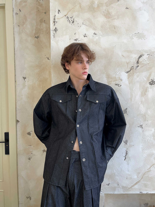 Camisa Denim con Hebilla Metálica 3D - Traje de Alto Nivel Ruoshuai - Image 6