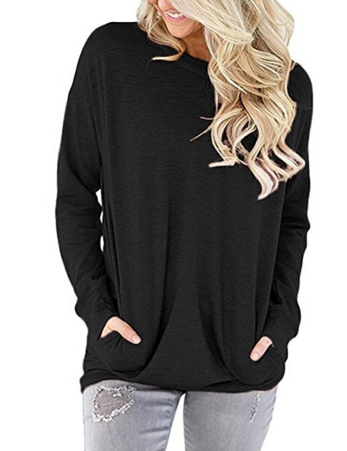 Playera Manga Larga Cuello Redondo con Bolsillo y Detalles Decorativos para Mujer