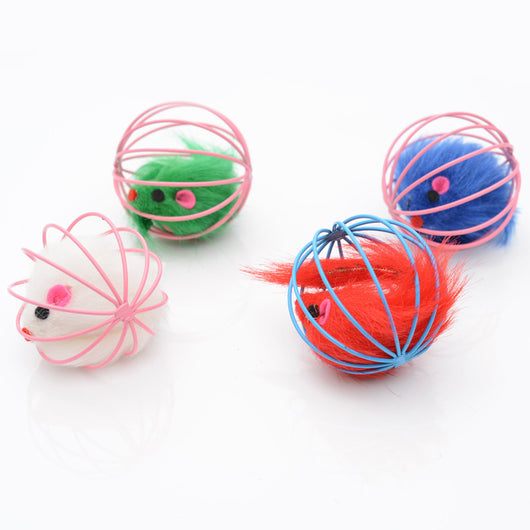 Four colorful wire cage mouse cat toys in green, white, blue, and red, designed for interactive pet play. - Image 15