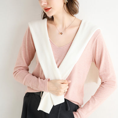 Suéter Suelto Cuello V Mujer Manga Larga Color Sólido - Image 12