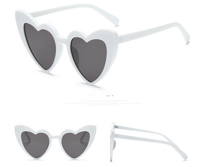 White heart-shaped sunglasses with dark gray lenses, shown from front, top, and side views on a white background. - Image 10