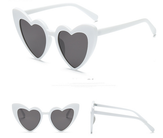 White heart-shaped sunglasses with dark gray lenses, shown from front, top, and side views on a white background. - Image 10