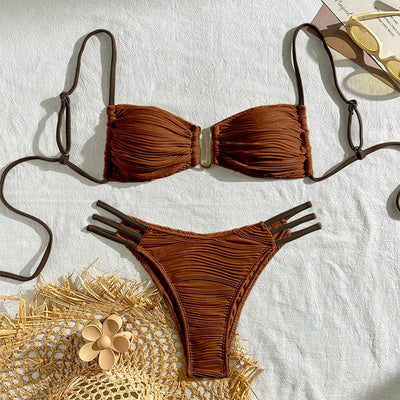 Neon green textured two-piece swimsuit with a bandeau top and high-cut bottom, featuring black straps and a gold clasp. - Image 5