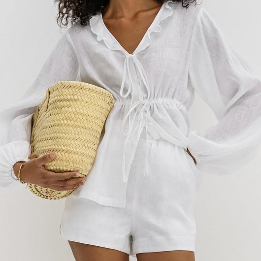Blusa de Lino y Algodón con Mangas Farol - Estilo Europeo Moderno - Image 3