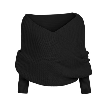 Suéter Tejido Escote V Cruzado Hombros Descubiertos - Cuello Bufanda Sexy - Image 4
