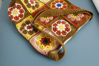 Bolsa Bucket Artesanal Tejida a Mano con Estilo Étnico Cuadros Abuela - Image 12