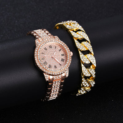 Juego de Reloj y Pulsera de Acero Inoxidable con Números Romanos y Diamantes - Image 7