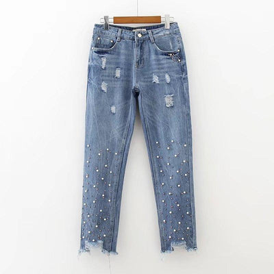 Jeans Denim Rotos con Detalles de Cuentas
