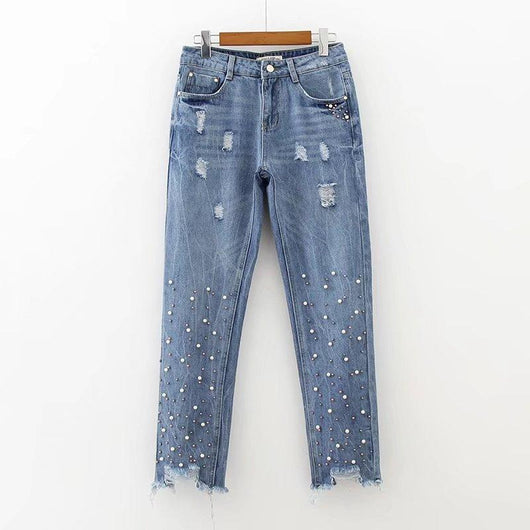 Jeans Denim Rotos con Detalles de Cuentas