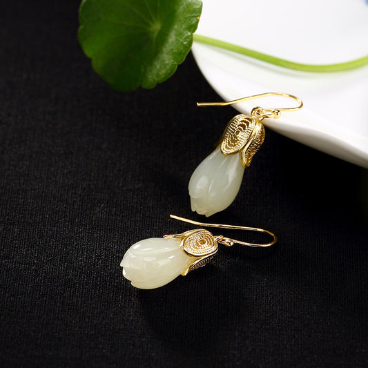 Aretes Vintage de Flor de Magnolia Hetian Natural - Image 2