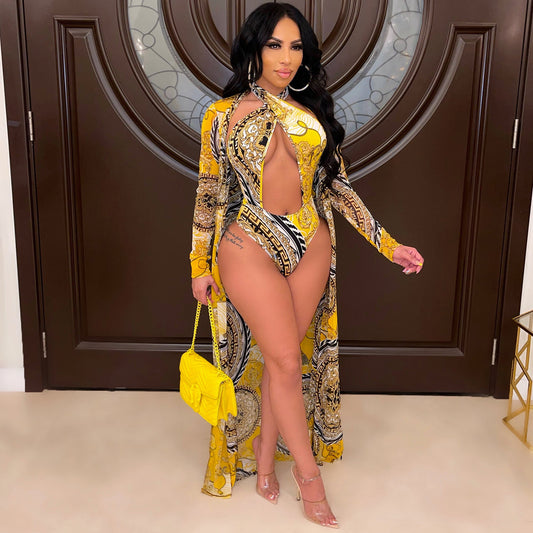 Traje de Baño Dos Piezas con Pareo Largo de Manga Larga Estampado
