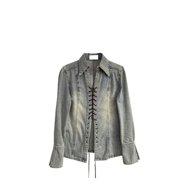 Camisa Denim Lavada con Cordones para Mujer - Image 3