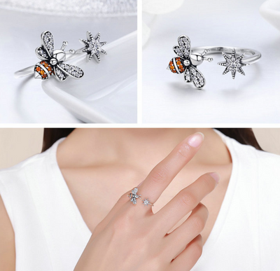 Anillo Ajustable de Plata 925 con Abeja y Diamante - Diseño Elegante - Image 4