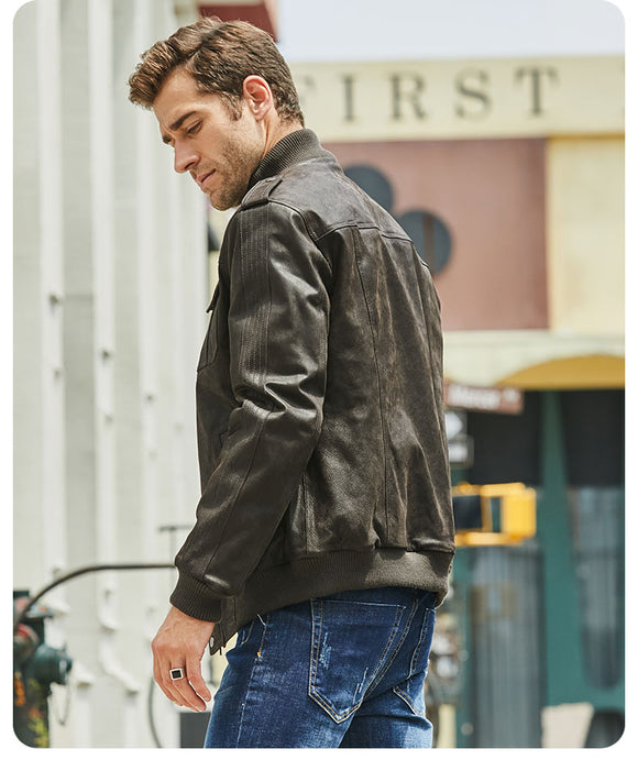 Chaqueta de Piel de Cerdo y Algodón con Cuello de Pie y Múltiples Bolsillos
