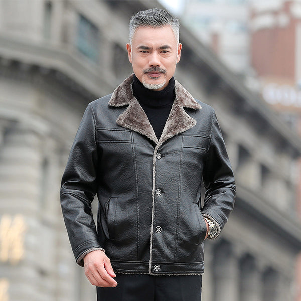 Chaqueta de Cuero Grueso Casual para Hombre con Forro de Algodón