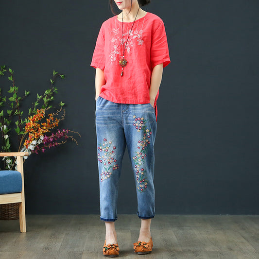 Jeans Bordados Talla Grande Azul Claro Holgados para Mujer