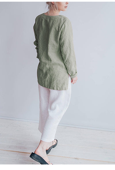 Blusa de Lino Puro Cuello V Manga Larga para Mujer - Image 7