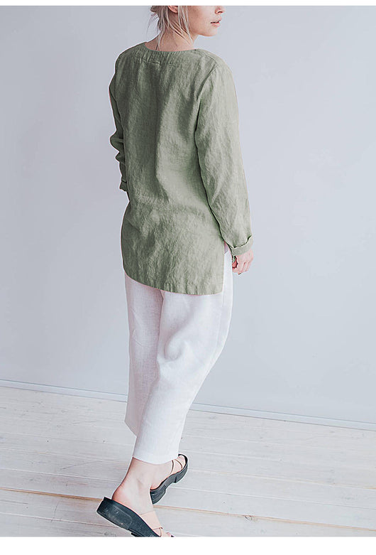 Blusa de Lino Puro Cuello V Manga Larga para Mujer - Image 7