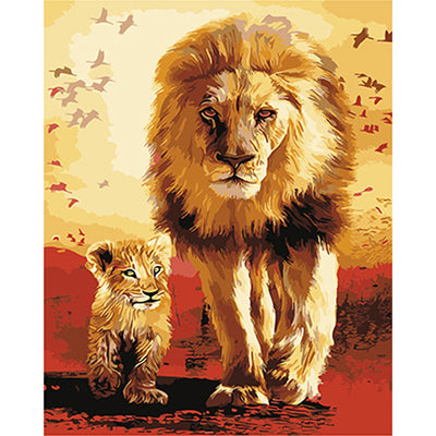 Cuadro Pintura por Números Leones Padre e Hijo - Arte DIY para Decoración del Hogar