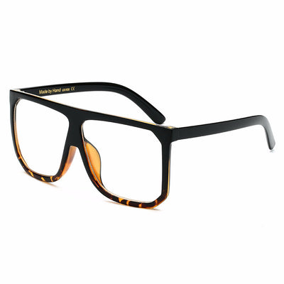 Large frame flat top sunglasses with black frames, brown gradient lenses, and subtle leopard print detail. - Image 13