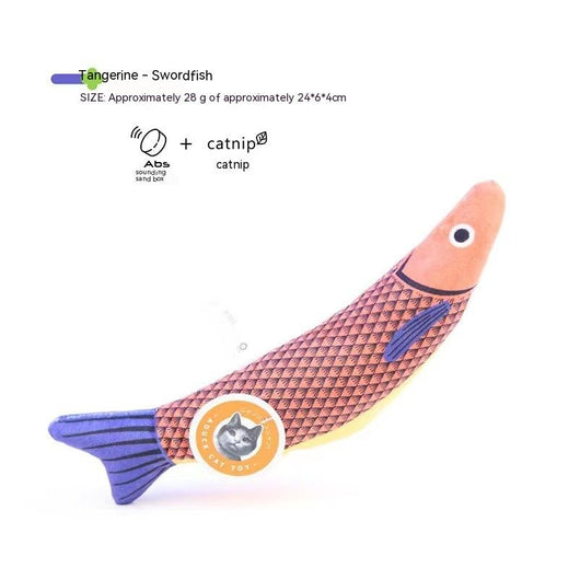 Orange fish-shaped plush catnip toy with blue fins and tail, held in a hand, with a small round tag. - Image 18