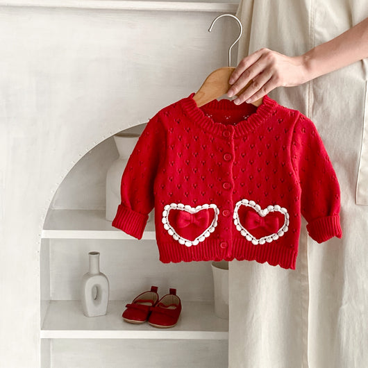 Abrigo Tejido Niña Rojo con Lazo de Encaje Love