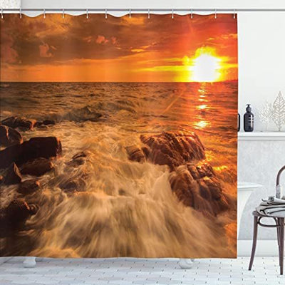 Retro floral shower curtain with wavy stripes in blue, orange, green, and cream colors. - Image 9