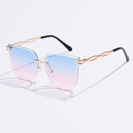 Frameless oversized square sunglasses with brown gradient lenses and gold-tone metal temples, featuring decorative black studs. - Image 21
