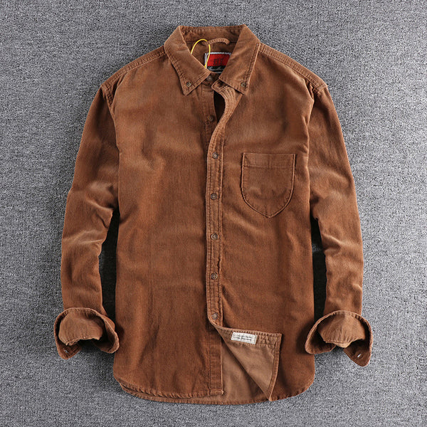 Camisa de Pana Manga Larga Retro con Combinación de Colores para Hombre