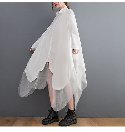 Vestido Camisero Holgado de Doble Capa con Malla Irregular - Image 16