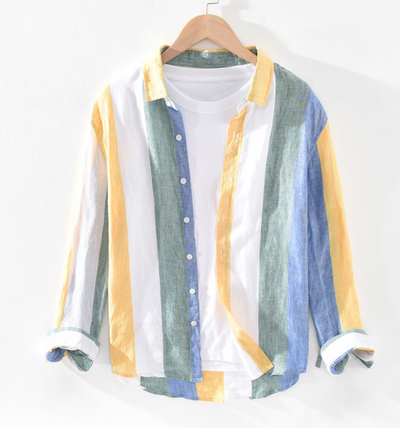 Camisa de Lino Manga Larga a Rayas con Cuello Cuadrado - Corte Holgado Fresco - Image 7