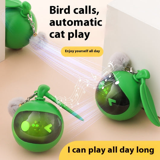 Rose red and black spherical cat toy with a grey pom-pom and suction cup base for self-play. - Image 2