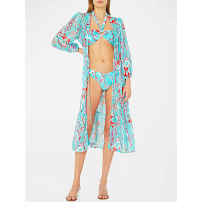 Women's light blue bikini with red coral print, featuring a halter top, high-cut bottom, and matching sarong. - Image 9