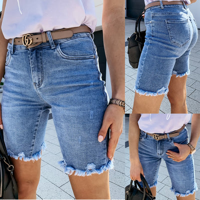 Pantalones Vaqueros Rotos con Flecos - Jeans Corte Cinco Puntos Estilo Verano