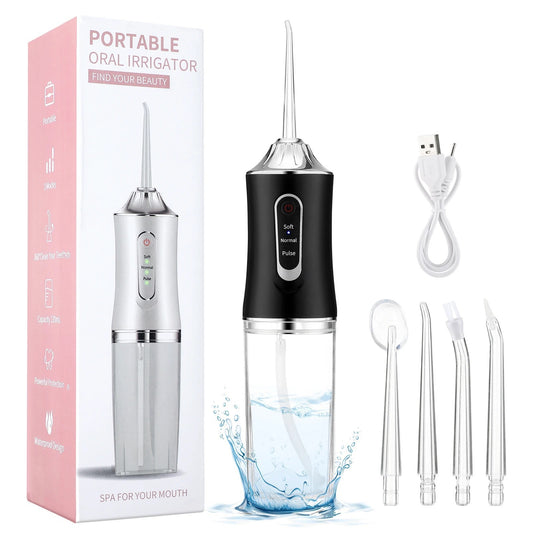 Pink portable electric oral irrigator with clear water tank and four nozzles, highlighting adjustable pressure and pulse mode. - Image 2