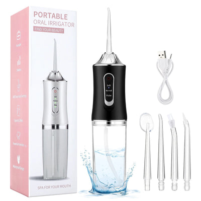 Pink portable electric oral irrigator with clear water tank and four nozzles, highlighting adjustable pressure and pulse mode. - Image 2